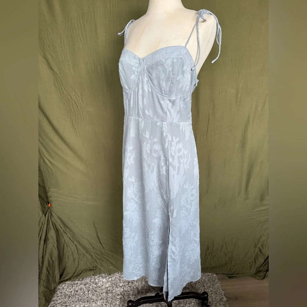 Lulu's Loveliest Looks Dusty Blue Floral Jacquard Tie-Strap Midi Dress - Picture 3 of 6